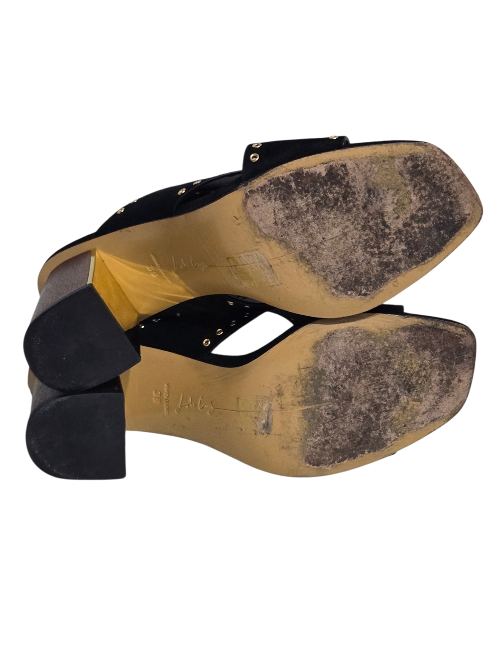 Lola Cruz Black Studded Leather Block Heel Sandals EU 38 Gold Grommet Slingbacks - Picture 4 of 8